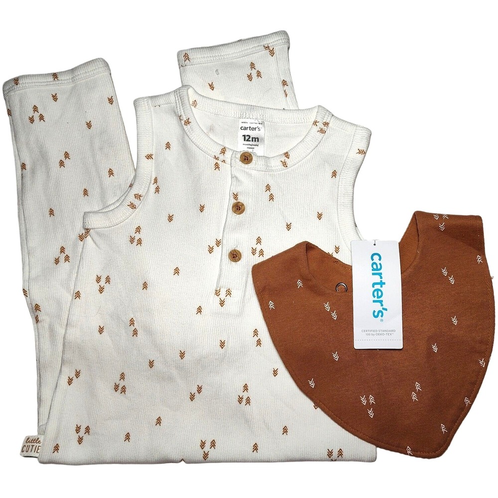 Carter's Baby 12 Mos White Longall Outfit & Brown Bandana Bib Arrows Set 2pc NWT